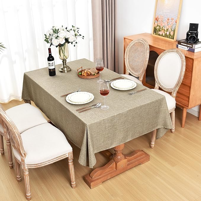 Fitable Faux Linen Table Clothes Rectangle 60 x 144 Inch - 2 Pack Khaki Tablecloths for 10 Foot Tables, Faux Burlap Kitchen Table Covers for Dining, Party, Farmhouse, Banquet, Buffet