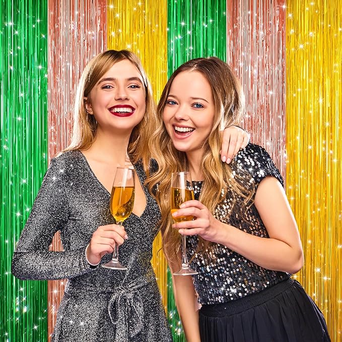 2 Pack Metallic Tinsel Foil Fringe Curtains, Door Streamers Photo Booth Backdrop for Birthday Party, Tinsel Curtain Backdrop for Baby Shower Christmas Party Decorations, Green Rose Gold and Gold