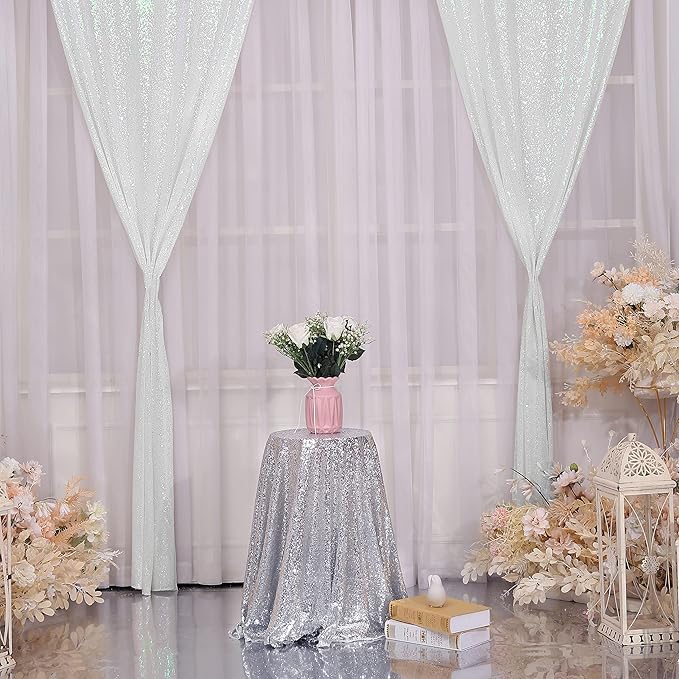 Poise3EHome 2Pcs 3Ft x 8Ft Sequin Backdrop Curtain, White Sequin Backdrop Curtain, Sequin Curtains for Party Wedding Sequence Backdrop
