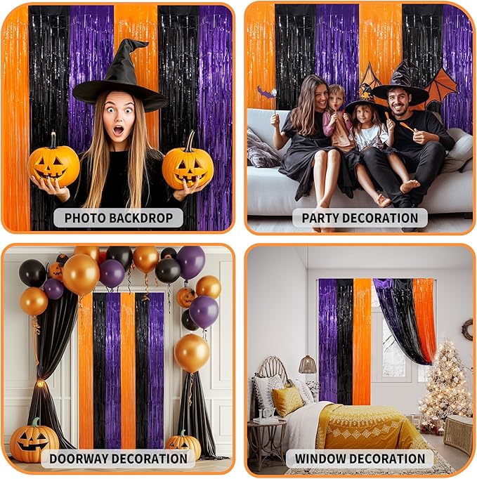 3 Pack Orange Purple Black Tinsel Foil Fringe Curtains, Halloween Photo Backdrop Streamers for Birthday Anniversary Party Decoration