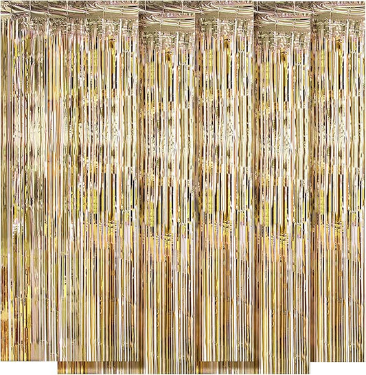 5 Pack Champagne Gold Fringe Curtains (3.2ft x 8.2ft) for Birthday, Wedding, Christmas Decoration