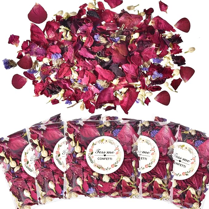 20 Pack Prefilled Confetti Packets,Biodegradable Flower Petals, Real Dried Flower Petals Individual Packing Rose Petals Wedding Send Off Ideas (Red Rose & Lavender & Lvory Jasmine Buds)