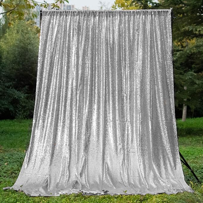Silver Sequin Backdrop Curtains 4 Panels 2FTx8FT Wedding Photo Backdrop Glitter Birthday Bridal Party Curtains Sparkle Background Drapes Parties Decor Curtains