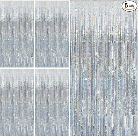 5 Pack Silver Glitter Streamers Party Decorations Tinsel Foil Fringe Curtains Christmas Birthday Bachelorette Party Wedding Decor Supplies