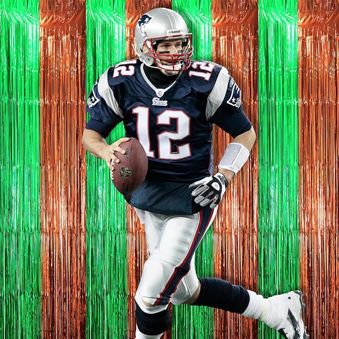 2 Pack Green and Brown Foil Fringe Backdrop Curtains, Tinsel Streamers Party Decorations, Fringe Backdrop, Door Shimmer for Super Bowl or Birthday Party