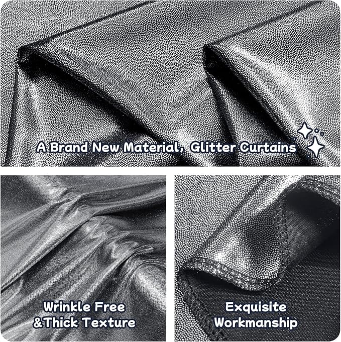 20ftx10ft Black Silver Glitter Sequin Backdrop Curtain for Parties, Wrinkle Free Sparking Backdrop Drapes, 4 Panels 5x10ft Shimmer Photo Back Drop Cloth for Wedding Birthday Photography