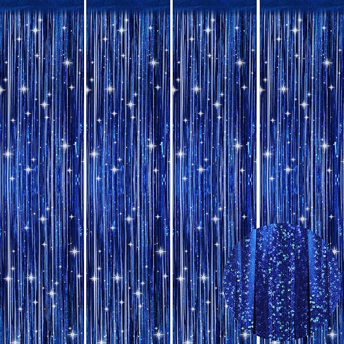 Picoway 4 Pack Foil Fringe Tinsel Backdrop Curtains, Birthday Engagement Bachelorette Party Decorations, Photo Booth Props Door Streamers Curtain (Blue)