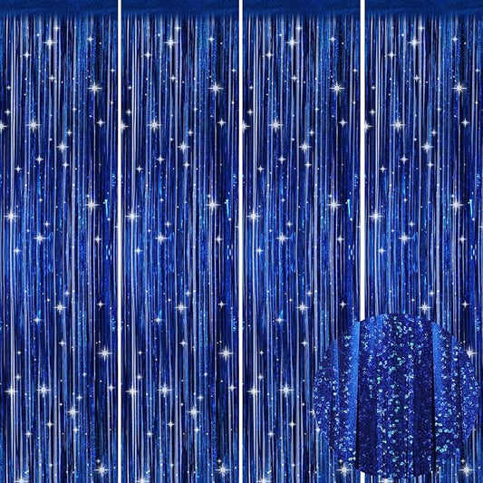Picoway 4 Pack Foil Fringe Tinsel Backdrop Curtains, Birthday Engagement Bachelorette Party Decorations, Photo Booth Props Door Streamers Curtain (Blue)