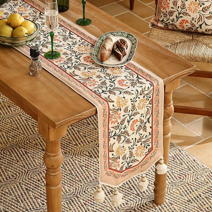 ISAENNE Designer French Elegant Linen Table Runner 87 Inches Long,Farmhouse Lily Pattern Decor Table Runners for Dining Tables,Thanksgiving,Kitchen Tables,Christmas,12"*87"-Aurora A