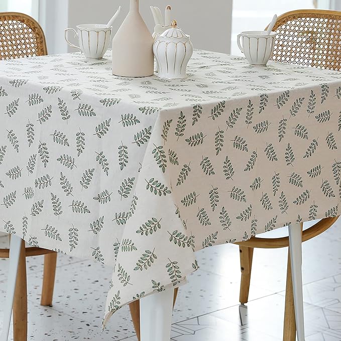Pastoral Square Tablecloth - 52 x 52 Inch - Beige Linen Table Cloth - Washable Table Cover with Dust-Proof Wrinkle Resistant for Restaurant, Picnic, Bistro, Indoor and Outdoor Dining, Green Leaf