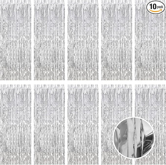 10 Pack Silver Foil Curtain Backdrop 3.2ft x 9.8ft Metallic Tinsel Foil Fringe Curtains Streamer Photo Booth Backdrop for Birthday Party Engagement Bachelorette Party Decorations (Silver)