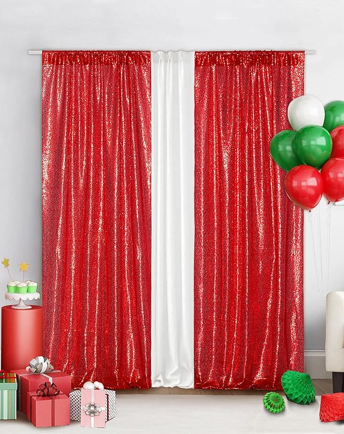 Eternal Beauty Red Sequin Backdrop Curtains, Valentine's Day Shimmer Back Drop 2Panels-2FTx8FT for Christmas, Party, Birthday, Photography, Wedding, Baby Shower Event Decoration