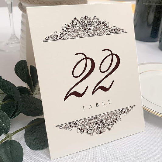 Paisley Wedding Table Numbers (Select Color/Quantity), Champagne, Chocolate, 1-110, Double Sided, Tent or Use in a Stand, Great for Parties & Restaurants - Made in the USA