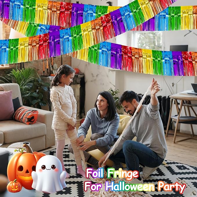 4 Pack 10 Feet Colorful Foil Fringe Garland Rainbow Tinsel Streamers Banner Fringe Curtain Banner for Parade Floats Graduation Homecoming Carnival Birthday Pride Party Decor (Rainbow)