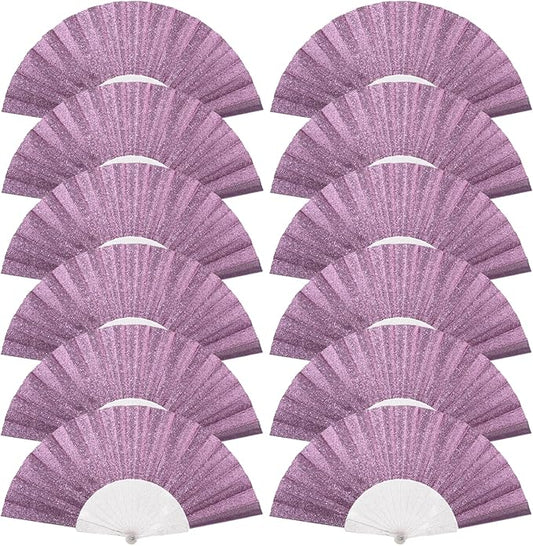 12 Pack Handheld Fan,Folding Hand Glitter Fan with Shining Transparent Fan Rib – Ideal for Wedding, Church, Festival, Dance, Tea Party, Club, and EDM Accessories, Purple
