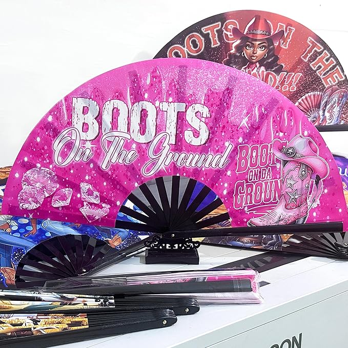 Boots On The Ground Hand Fan,Where Them Fans At Folding Fans,Clapping Clacking Fans For Line Dancing Unique Oriainal Pattern for Party Props Perfect Gifts for Line Dance Lover (Style 7)