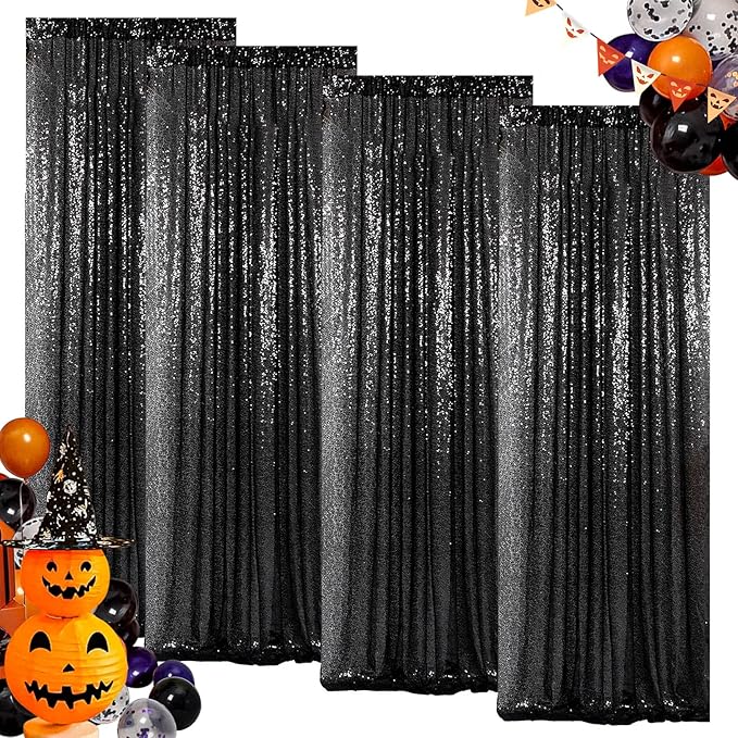 ShinyBeauty Sequin Curtains 4 Panels Black Backdrop Curtain Sequin Backdrops Sparkle Fabric Shimmer Photo Background for Halloween Parties Decor (2FTx8FT)