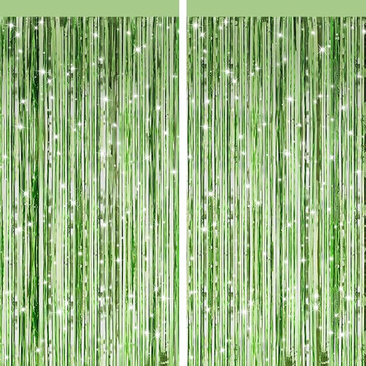 2 Pack Light Green Metallic Tinsel Foil Fringe Curtains, Door Streamers Photo Booth Backdrop for Birthday Party, Tinsel Curtain Backdrop for Baby Shower Bachelorette Christmas Party Decorations