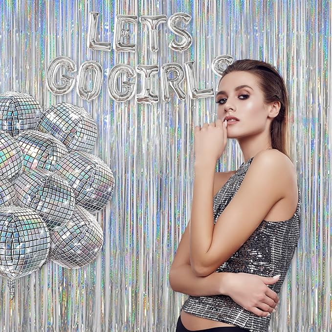 Melsan Foil Curtain, 2 Pack 3.2 ft x 8.2 ft Silver Tinsel Foil Fringe Curtains Backdrop, Sparkle Metallic Foil Curtains for Independence Disco Bachelorette Party Decorations, Silver Tinsel Backdrop