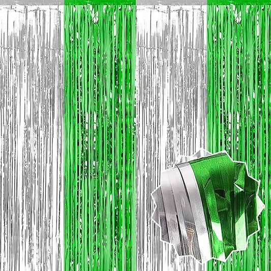 6 Pack Silver Green Foil Fringe Curtains Backdrop, 3.28 x 8.2 Ft Metallic Streamers Tinsel Curtains Background for Photo Booth, Birthday, Weddings, Carnivals, Graduation, Themed Party Decorations