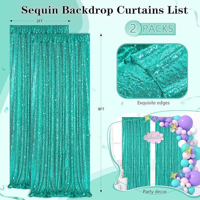 Mermaid Sequin Photo Backdrop Decor: Lake Green Glitter Background 2 Panels 2FT x 8FT for Ocean Party Baby Shower