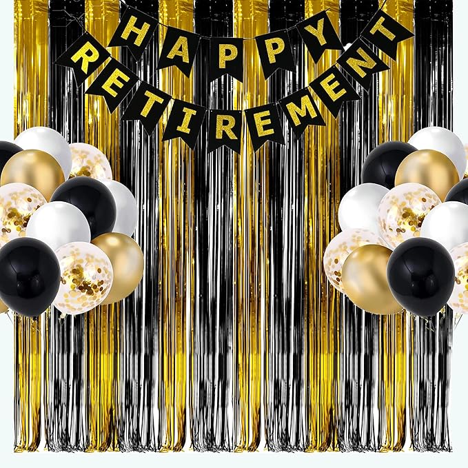 Black and Gold Party Streamers Decoration - GREATRIL Foil Fringe Backdrop for 2026 NYE/Anniversary/Farewell/Cocktail/Prom/EID/Birthdays - 3.2ft X 8.2ft - 2 Packs