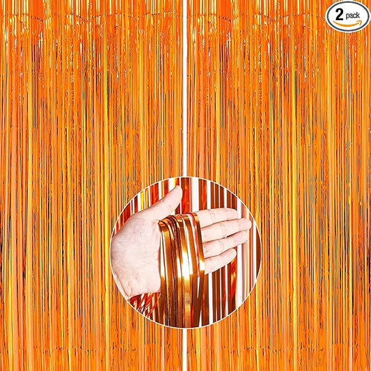ParyWoo Orange Streamers 2pcs Tinsel Backdrop 8.2FT Metallic Orange Foil Fringe Streamer Curtains Photo Booth Backdrop for Halloween Graduation Baby Shower Bachelorette Wedding Party Decorations
