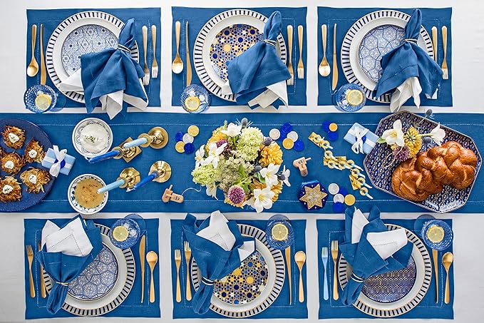 Solino Home Linen Table Runner 108 Inches Long - 100% Pure Linen Indigo Blue Table Runner 14 x 108 Inch for Fall, Autumn, Christmas - Classic Hemstitch