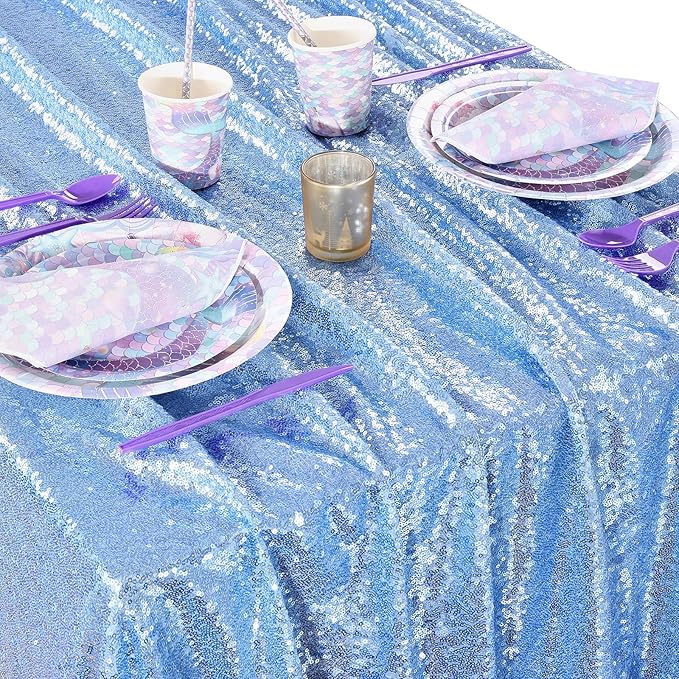QueenDream Sparkly Sequin Tablecloth - Baby Blue Table Cloth 50x80 Inches Rectangle Table Overlay Fabric for Birthday Parties Baby Shower Decoration