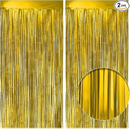 2 Pack Metallic Gold Fringe Backdrop, 3.2x8.2ft Shining Foil Tinsel Curtains, Birthday Party Decorations Door Streamers for Halloween, Christmas, Wedding, Graduation, Holiday, Theme Events