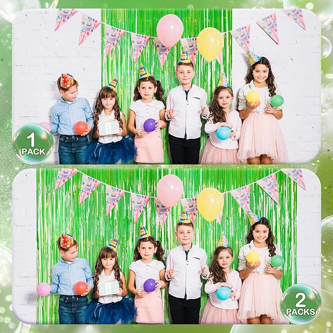 2 Pack Green Iridescent Streamers Backdrop, 3.3x6.6ft Foil Fringe Curtains Holographic Door Tinsel Streamers for Birthday, Wedding, Holiday, Bachelorette, Christmas Theme Party Decorations