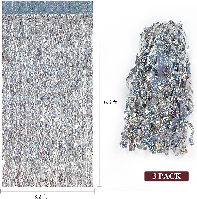 Silver Tinsel Backdrop- CYLMFC 3 Pack 3.3 ft x 6.6 ft Streamer Foil Fringe Curtain for Birthday Party Christmas Graduation Decor