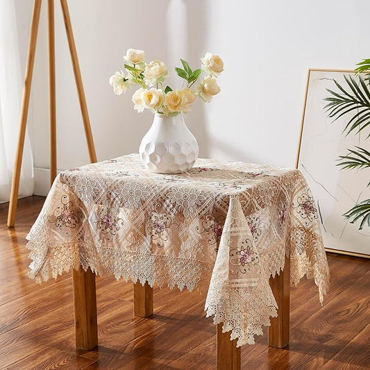 Warm Home Designs 36 x 36 Square Tablecloth - Gold Embroidered Coffee Table Cover or Topper for Vintage Kitchen - VTC Linen