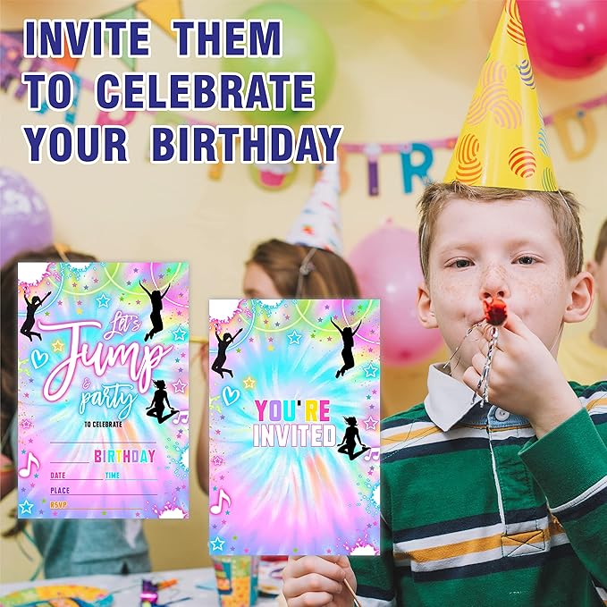 Tie Dye Trampoline Birthday Invitations,Let's Jump! Birthday Party Invite Cards（20 Count) With Envelopes, Fill In Style Invite Cards For Boys & Girls, Birthday Party Supplies-B06