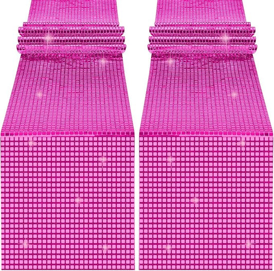 Durony 2 Pack Disco Table Runner 11 x 108 Inch Mirror Hot Pink Glitter Foil With Sparkle Sequin for Bachelorette, 70s, Cowgirl Party Decorations