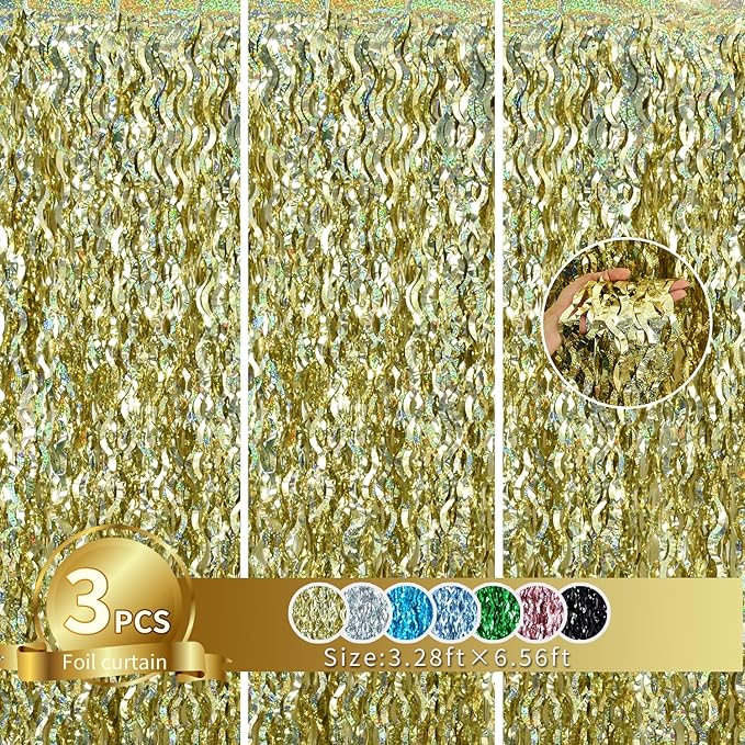 TONIFUL 3Pcs Wavy Metallic Tinsel Foil Fringe Curtains Champagne Gold Streamer Backdrop for Photo Booth Props,Party Door Wall Curtains Bachelorette Wedding Birthday New Year Decor (9.9ft x 6.6ft)
