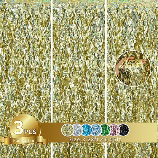 TONIFUL 3Pcs Wavy Metallic Tinsel Foil Fringe Curtains Champagne Gold Streamer Backdrop for Photo Booth Props,Party Door Wall Curtains Bachelorette Wedding Birthday New Year Decor (9.9ft x 6.6ft)