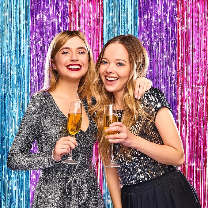 2 Pack Blue Purple Pink Metallic Tinsel Foil Fringe Curtains, Door Streamers Photo Booth Backdrop for Birthday Party, Tinsel Curtain Backdrop for Baby Shower Bachelorette Christmas Party Decorations