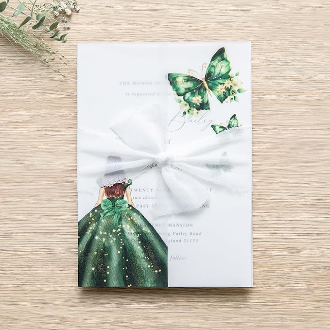 PONATIA 50 PCS Vellum Jackets for 5x7 Invitations - Vellum Paper 5x7 Jackets - 135GSM Emeral Green Girl - Butterfly Quinceanera Invitations Wraps (Emerald Green Girl)