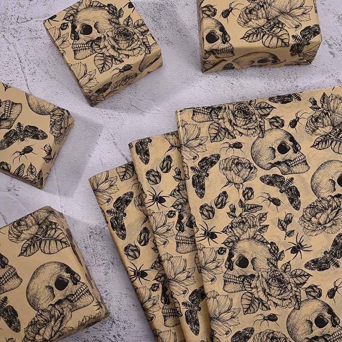 100 Sheets 20 * 14 Inches Vintage Halloween Tissue Paper Kraft Gothic Floral Skull Moth Spider Printed Tissue Paper for Gift Wrapping Spooky Decorative Tissue for Halloween Party DIY Craft Supplies