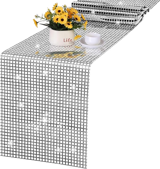 Durony Disco Table Runner 11 x 108 Inch - Mirror Silver Glitter Foil With Sparkle Sequin for Bachelorette, 70s, Cowgirl Party Decorations