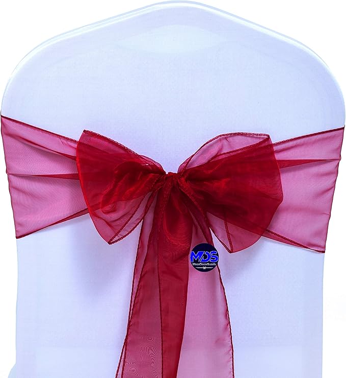 MDS Pack of 50 PCS Organza Chair Sashes Wider Dining Chair Bows Ribbon Tie Back for Wedding Party Birthday Bridal Shower Reception Event Banquet Home Chair Cover Decoration - Maroon