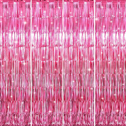 GOER 3.2 ft x 8.2 ft Metallic Tinsel Foil Fringe Curtains Party Photo Backdrop Party Streamers for Galentines Day,Birthday,Graduation,New Year Eve Decorations Wedding Decor (4 Packs,Hot Pink)