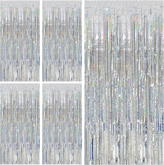 Tinsel Curtain Party Backdrop Silver Birthday Decorations 5 Packs Glitter Foil Fringe Curtain Party Decor Streamers Photo Booth for Birthday Christmas Wedding Halloween Graduation Decorations