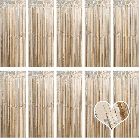 10 Pack Champagne Gold Backdrop Curtain 3.2ft x 8.2ft Metallic Tinsel Foil Fringe Curtains Photo Booth Background for Birthday Party Decoration Engagement Wedding Christmas Decor (Champagne Gold)