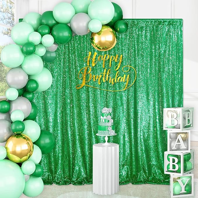 QueenDream Green Sequin Backdrop Curtain Party Backdrop Curtain 8ft x 8ft for Glitter Birthday Wedding Curtains