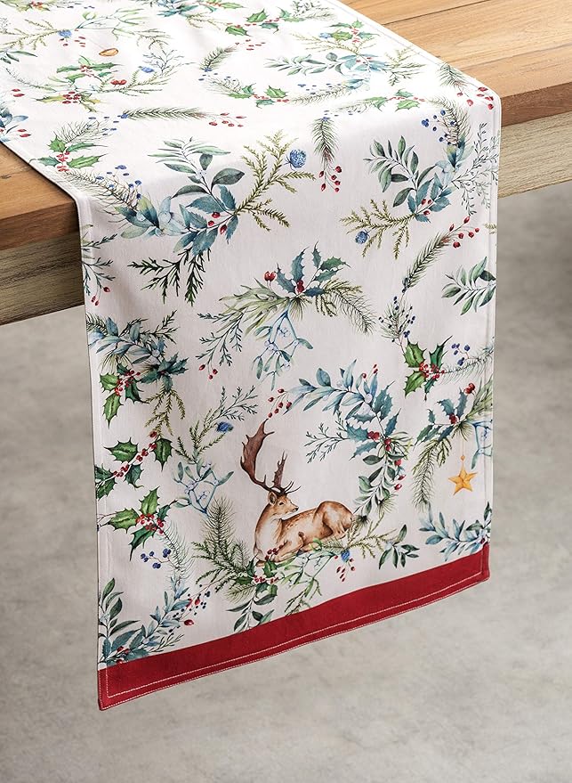 Maison d' Hermine Table Runner 100% Cotton Double Layer Table Runners 72 inches Long for Thanksgiving Christmas Decorations Home Kitchen Dining Party Wedding (Holly Time, 14.5" x 72")