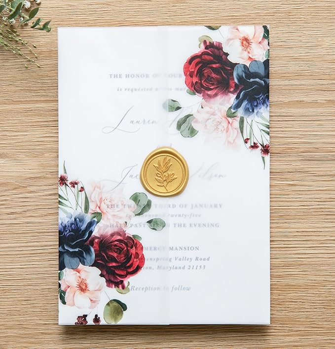 PONATIA 50 PCS 135gsm Vellum Jackets for 5x7 Invitation Cards - Burgundy and Navy Blue Flowers Printed Vellum Sleeves, Wedding Invitation Cards Wraps, Transparent Christmas Gift Cards Jackets