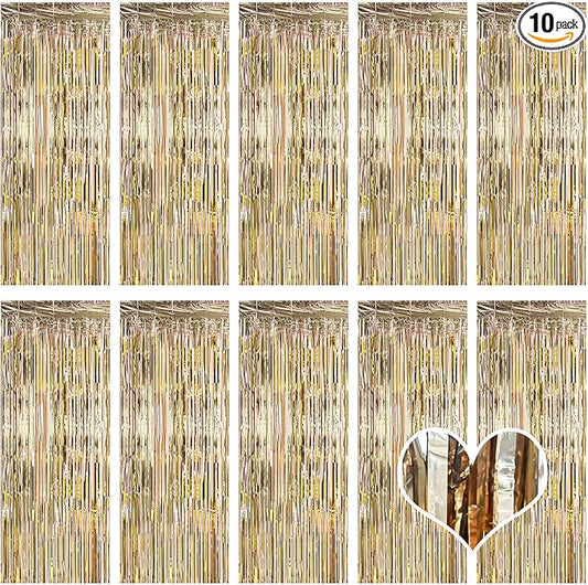 10 Pack Champagne Gold Backdrop Curtain 3.2ft x 8.2ft Metallic Tinsel Foil Fringe Curtains Photo Booth Background for Birthday Party Decoration Engagement Wedding Christmas Decor (Champagne Gold)