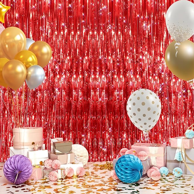 2Pack Red Foil Fringe Curtain, Glitter Red Metallic Tinsel Foil Fringe Curtains Photo Booth Backdrop for Birthday Party, Door Streamers for Wedding Bridal Shower Bachelorette Xmas Party Decorations